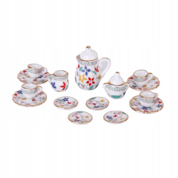 Ensemble miniature en porcelaine 15 pièces avec motif floral pour maison de poupée 1:12