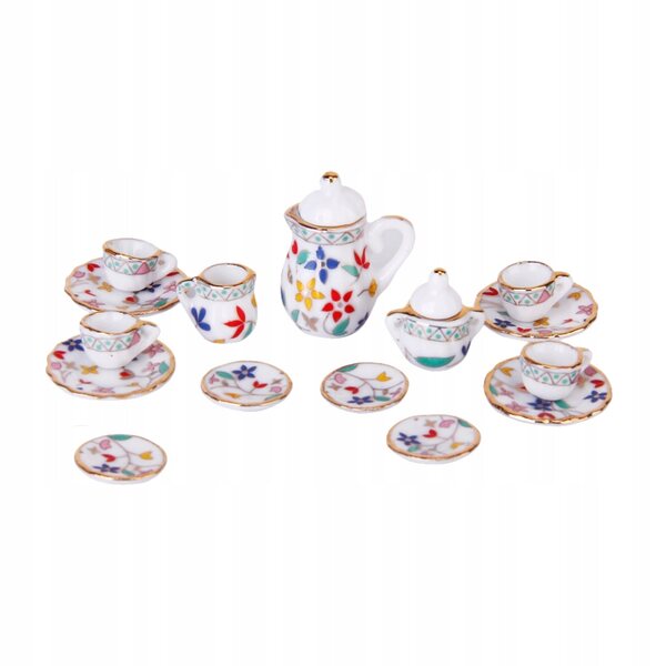 Ensemble miniature en porcelaine 15 pièces avec motif floral pour maison de poupée 1:12