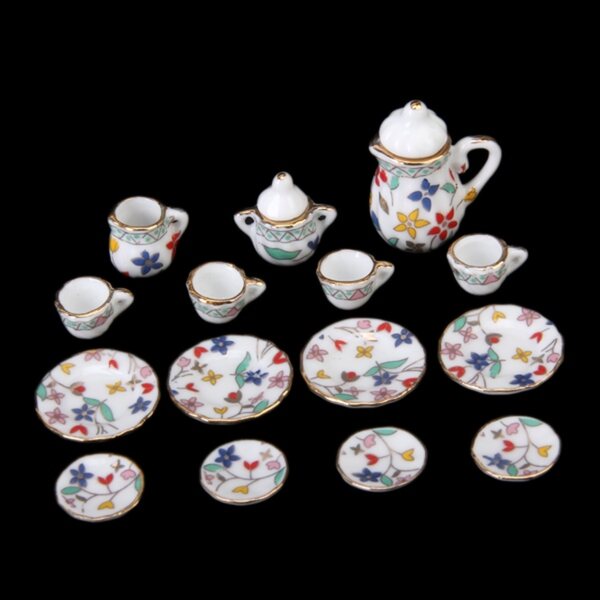 Ensemble miniature en porcelaine 15 pièces avec motif floral pour maison de poupée 1:12