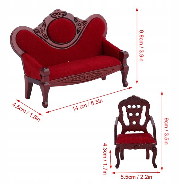 1:12 Puppenhaus-Miniatur-Sofa aus rotem Holz mit realistischen Oberflächen