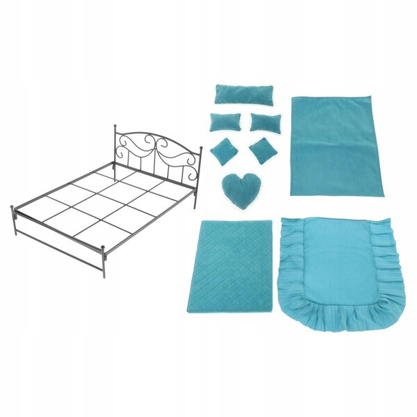Letto retro in ferro battuto 1/6 per bambole con materasso e 6 cuscini