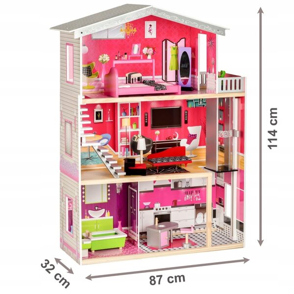 Grande Casa di Legno con Ascensore per Bambole, 3 Livelli e 10 Mobili