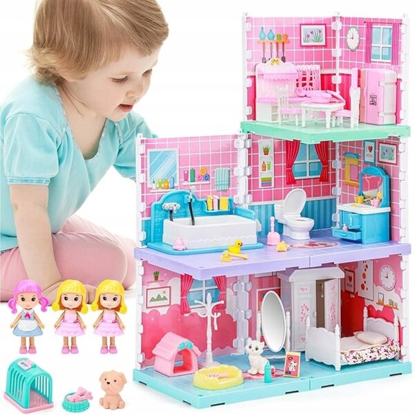 Cottage per bambole 3in1 grande con accessori, 3 stanze e personaggi inclusi