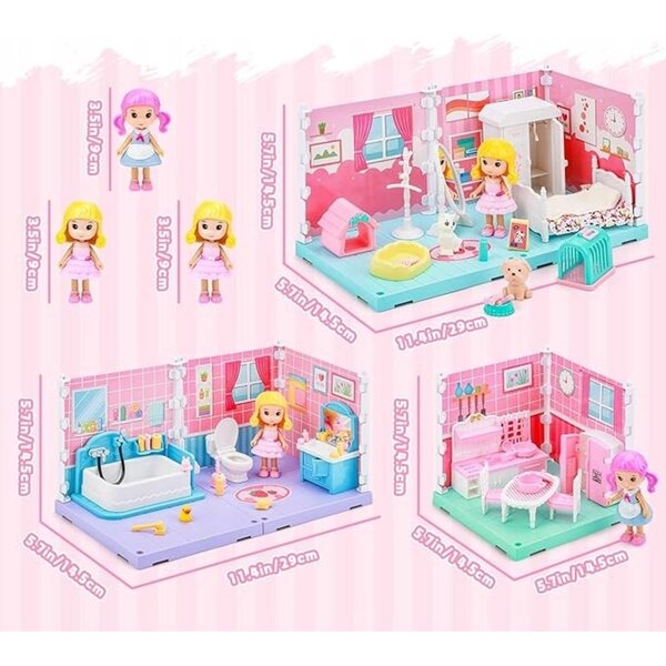 Cottage per bambole 3in1 grande con accessori, 3 stanze e personaggi inclusi