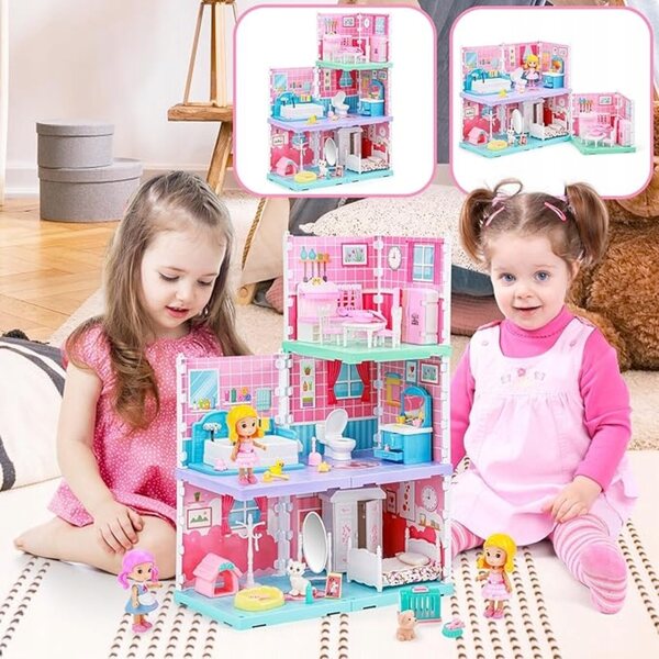 Cottage per bambole 3in1 grande con accessori, 3 stanze e personaggi inclusi