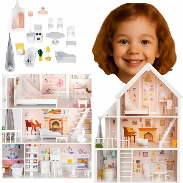 Casa delle bambole in legno, 3 livelli, XXL con mobili - divertimento creativo dai 3 anni in su