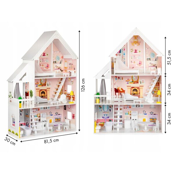 Casa delle bambole in legno, 3 livelli, XXL con mobili - divertimento creativo dai 3 anni in su