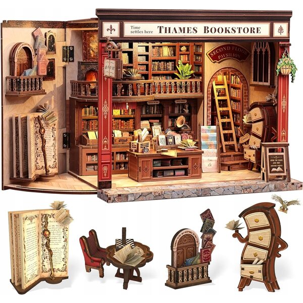 Book Nook Home Miniatur-Bücherregal im englischen Stil, Bausatz mit LED-Touch – Holz