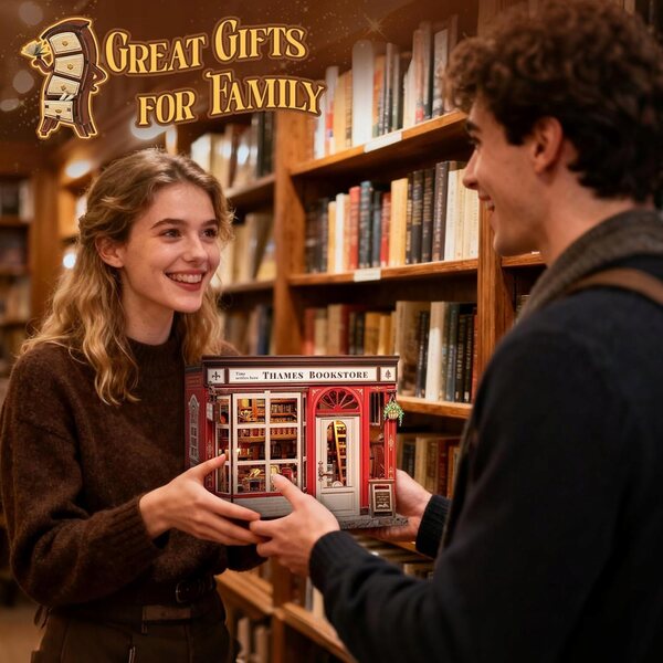 Book Nook Home Miniatur-Bücherregal im englischen Stil, Bausatz mit LED-Touch – Holz