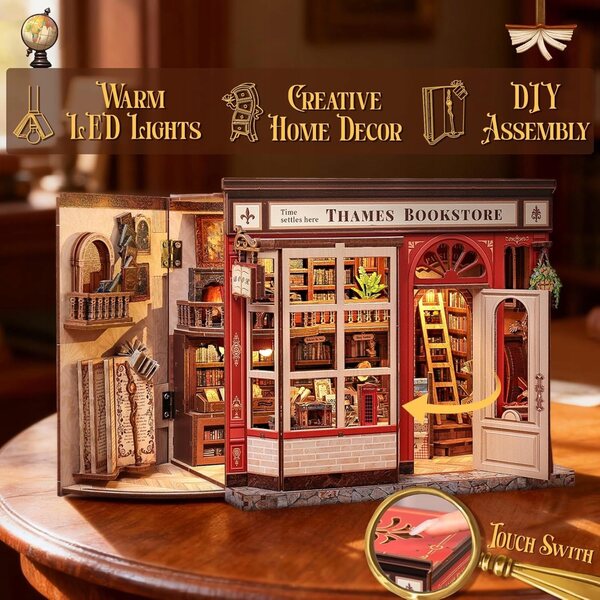 Book Nook Home Miniatur-Bücherregal im englischen Stil, Bausatz mit LED-Touch – Holz