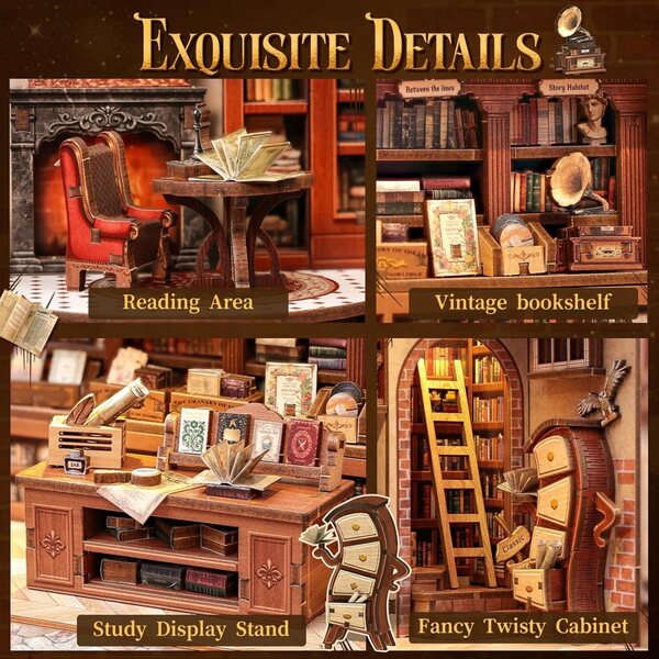 Book Nook Home Miniatur-Bücherregal im englischen Stil, Bausatz mit LED-Touch – Holz