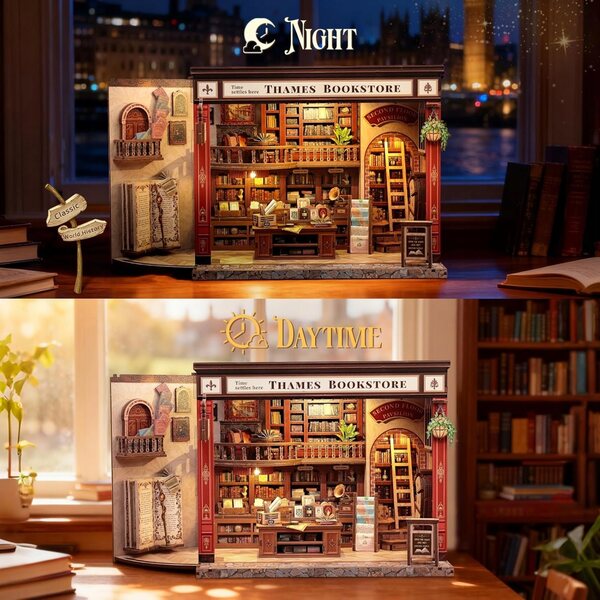 Book Nook Home Miniatur-Bücherregal im englischen Stil, Bausatz mit LED-Touch – Holz