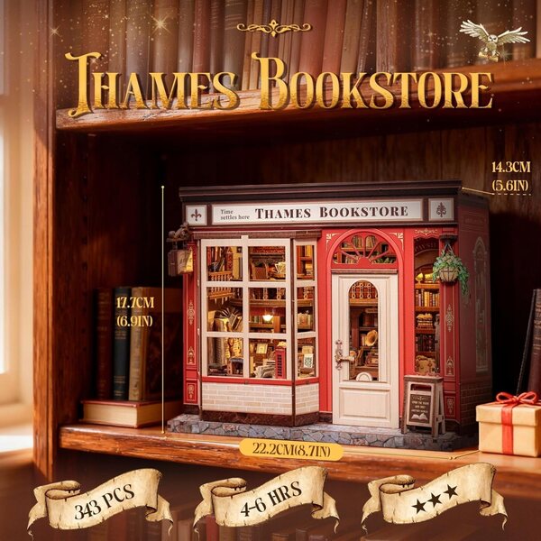 Book Nook Home Miniatur-Bücherregal im englischen Stil, Bausatz mit LED-Touch – Holz