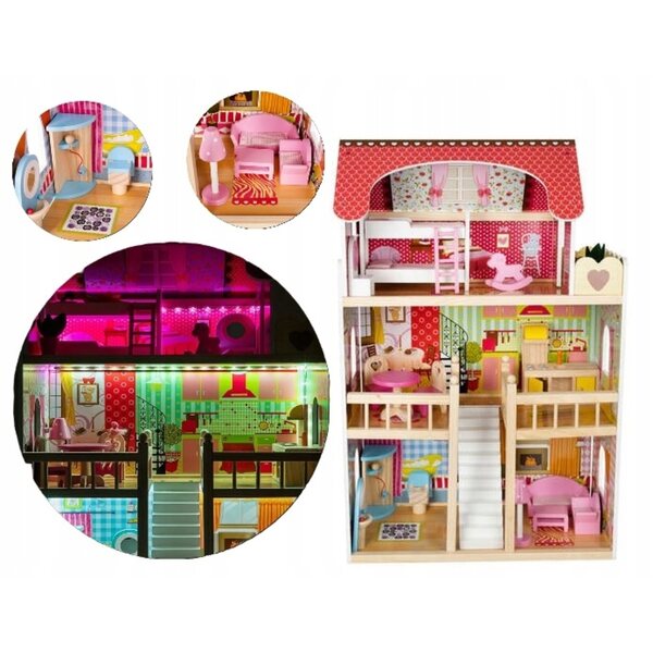 Grande Villa in Legno per Bambole con LED, 3 Piani e 5 Stanze per Bambini