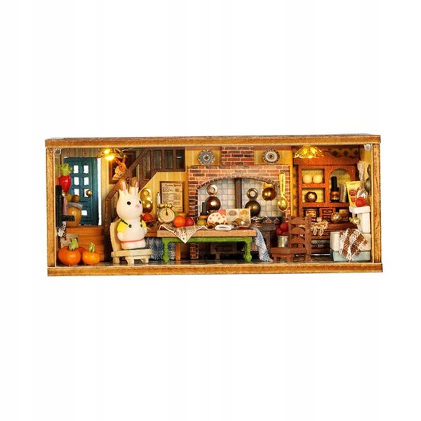 Handgefertigtes Mini-Puppenhaus aus beigem Holz mit kreativer Miniaturküche