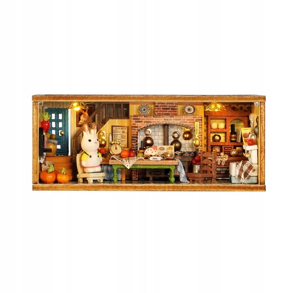 Handgefertigtes Mini-Puppenhaus aus beigem Holz mit kreativer Miniaturküche