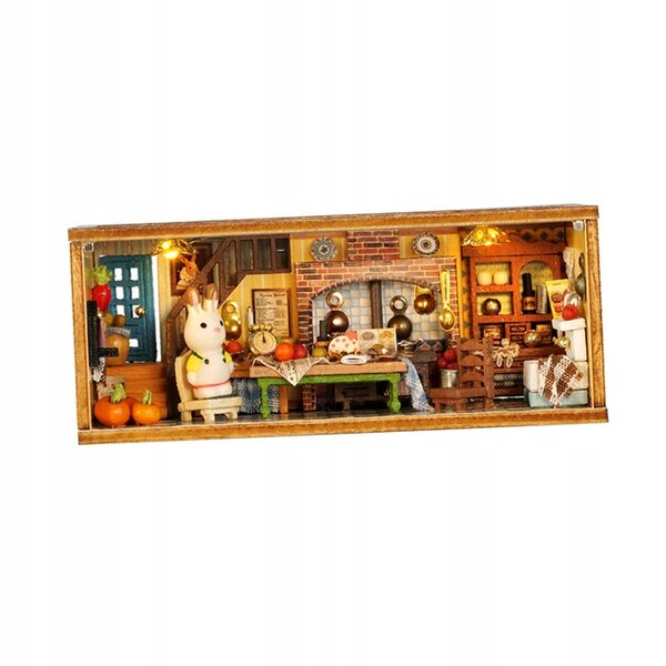 Handgefertigtes Mini-Puppenhaus aus beigem Holz mit kreativer Miniaturküche