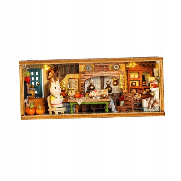 Handgefertigtes Mini-Puppenhaus aus beigem Holz mit kreativer Miniaturküche