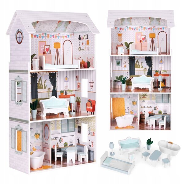 Alice-Puppenhaus, 3 Ebenen, 4 Zimmer und 9 MDF-Möbel
