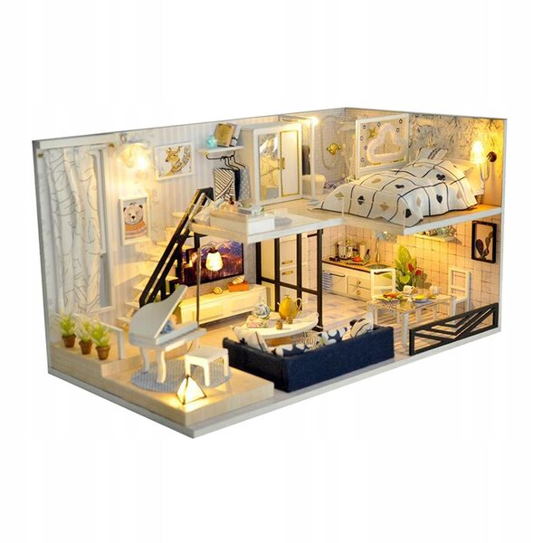Miniatura Casa delle Bambole 1:24 in Legno con Mobili e Illuminazione LED