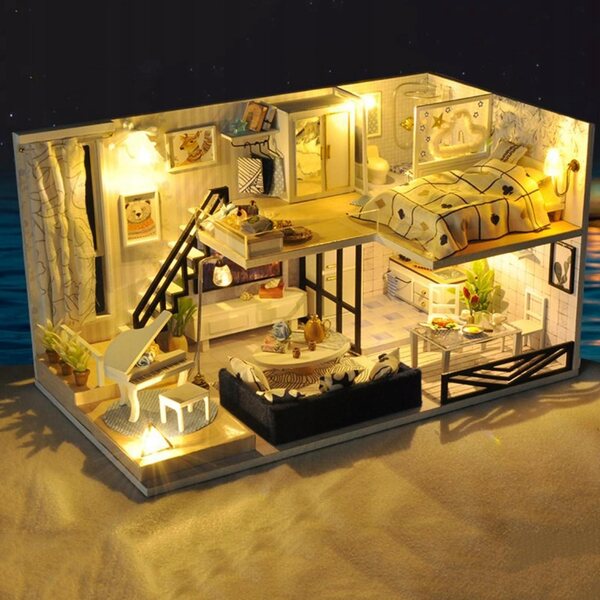 Dukkehus Miniature 1:24 i træ med møbler og LED-belysning