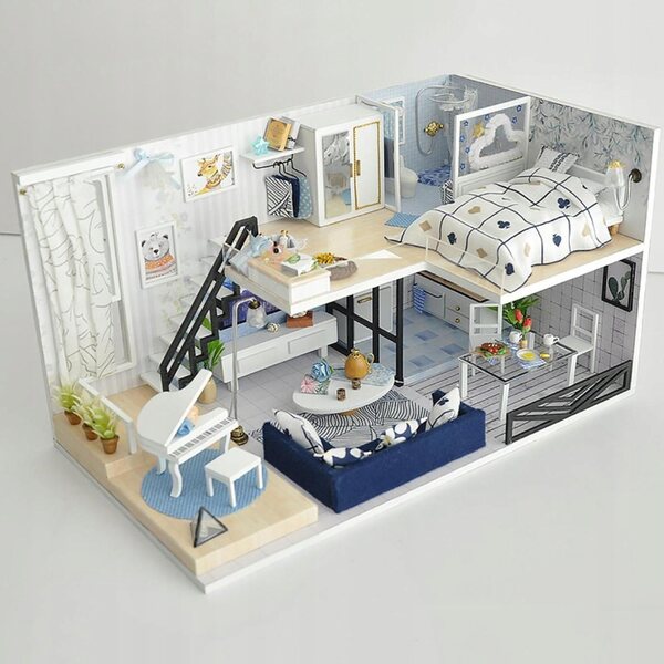 Dukkehus Miniature 1:24 i træ med møbler og LED-belysning