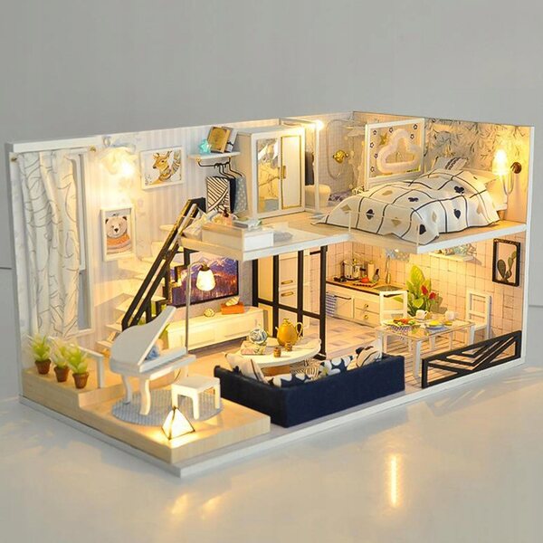 Dukkehus Miniature 1:24 i træ med møbler og LED-belysning