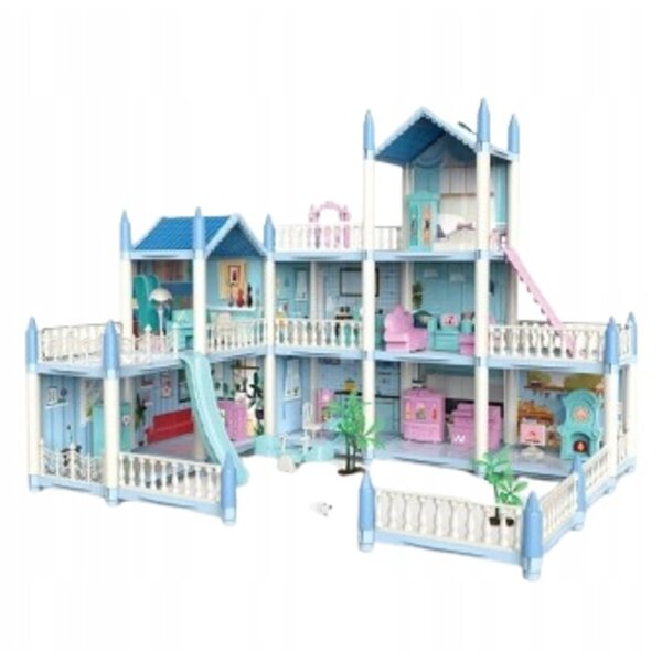 casetta Dworek Blu e Rosa per Bambole con Accessori 62x41x48 cm Emaj