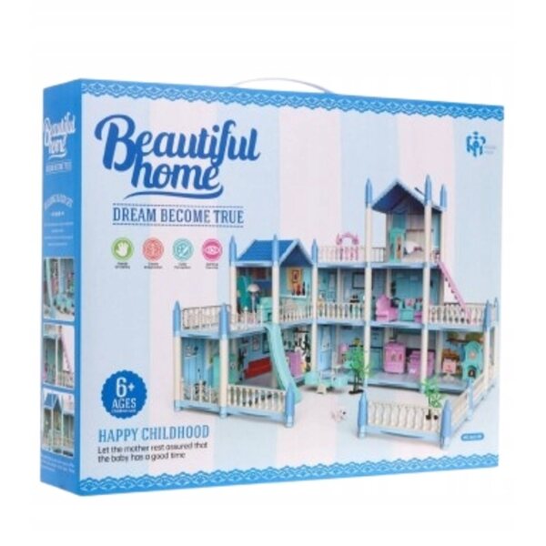 casetta Dworek Blu e Rosa per Bambole con Accessori 62x41x48 cm Emaj