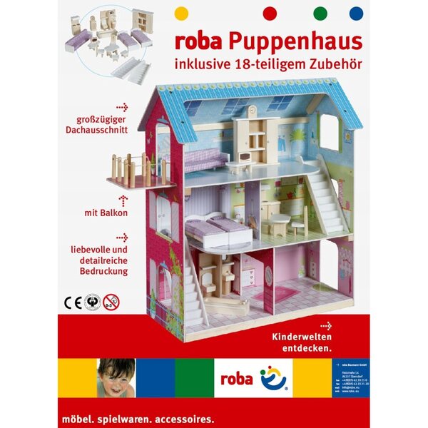Cottage per bambole Roba 1111 in legno con arredi, 70 cm, per bambini da 3 anni