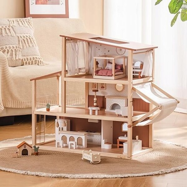 Dollhouse in legno stile boho con 3 piani e 37 accessori per bambini