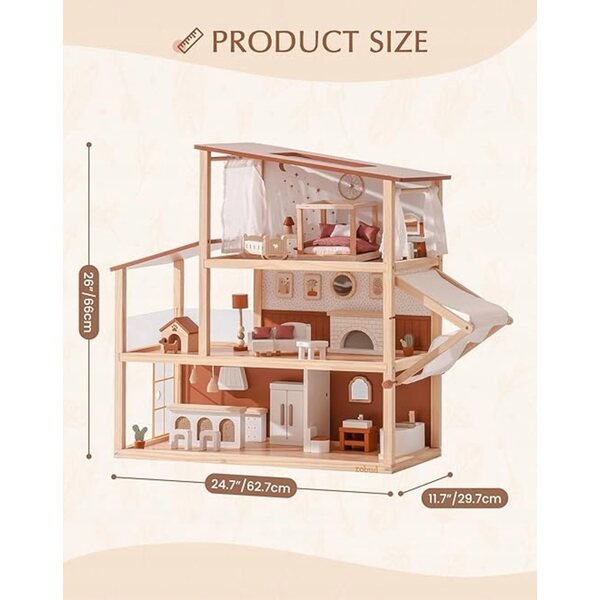 Dollhouse in legno stile boho con 3 piani e 37 accessori per bambini