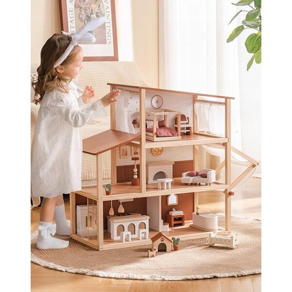 Dollhouse in legno stile boho con 3 piani e 37 accessori per bambini