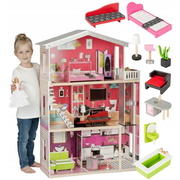 Grande casa delle bambole in legno, 3 livelli, con mobili e ascensore da 114 cm