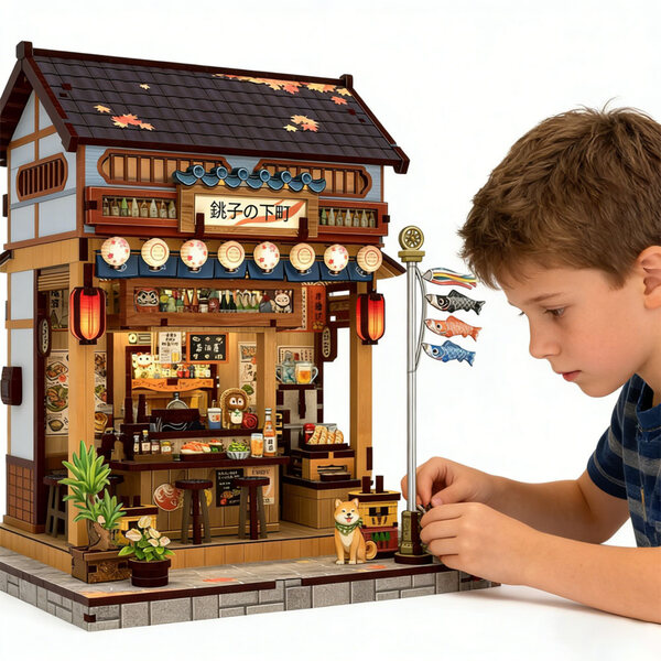 3D-Modell Miniatur-japanisches Izakaya-Restaurant mit LED-Hintergrundbeleuchtung und Holzstruktur