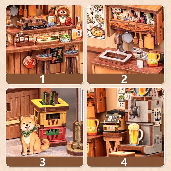 3D-Modell Miniatur-japanisches Izakaya-Restaurant mit LED-Hintergrundbeleuchtung und Holzstruktur