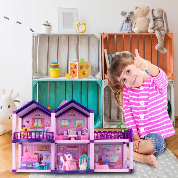 Casa per bambole Martom con mobili, pony e cane - 57 cm di altezza, plastica