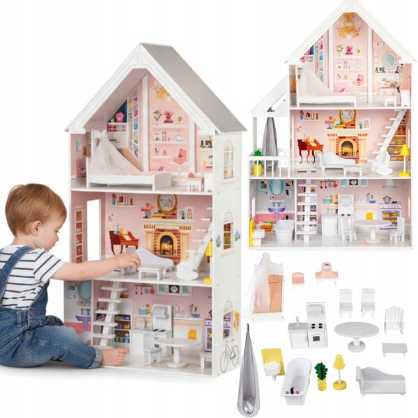 Casa delle bambole in legno, 3 piani, 5 stanze, 15 mobili Tojsa