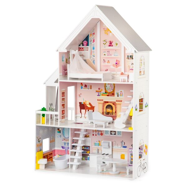 Casa delle bambole in legno, 3 piani, 5 stanze, 15 mobili Tojsa