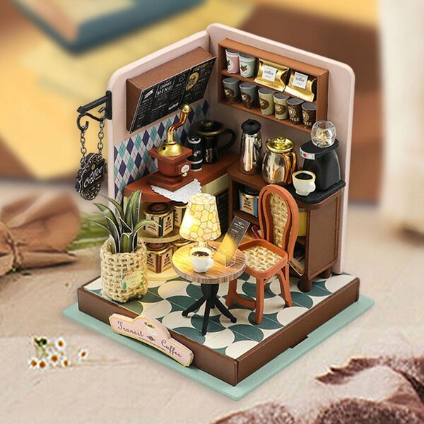 DIY Puppenhaus-Miniatur aus Holz mit LED-Lichtern und Möbeln