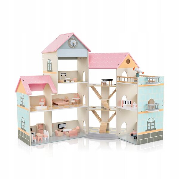 Großes Eckpuppenhaus aus Holz mit 41 Zubehörteilen und rosa Möbeln