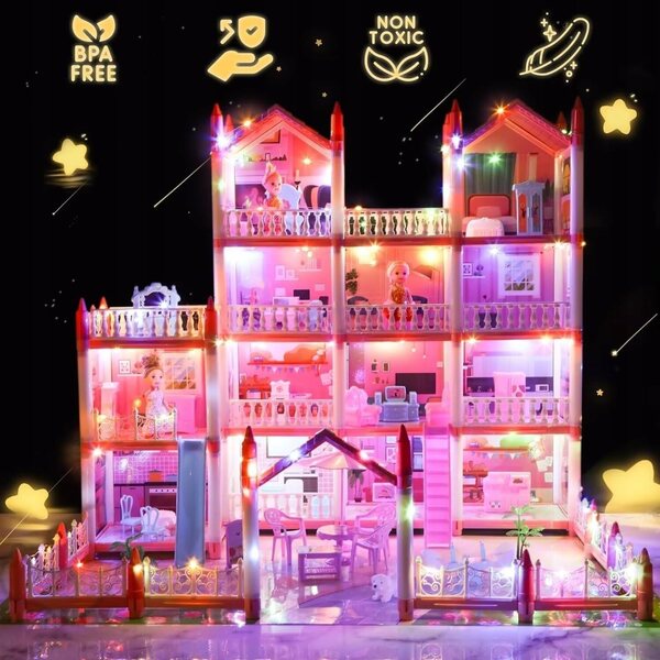 Grande casa delle bambole 4 piani con 15 stanze e luci LED colorate