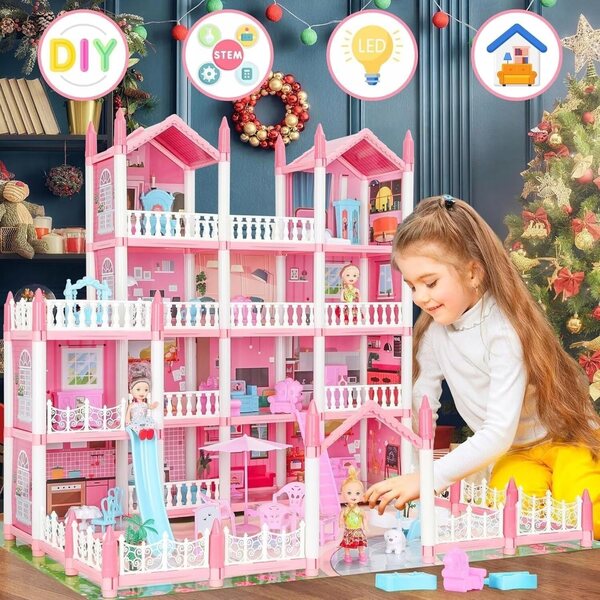 Grande casa delle bambole 4 piani con 15 stanze e luci LED colorate