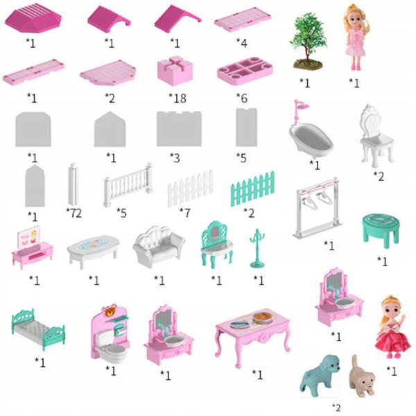Cottage per bambole pieghevole con 148 accessori, due principesse e mobili