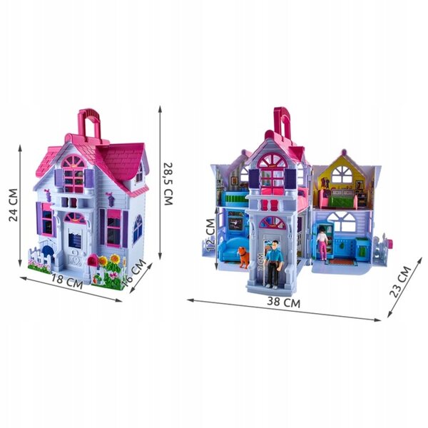 Casa delle bambole con mobili e figurine, pieghevole, portatile, 28,5 cm