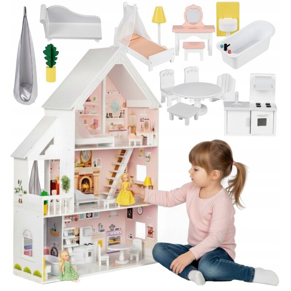 Casa delle bambole XXL in legno con 3 livelli e 15 mobili - Set Tojsy