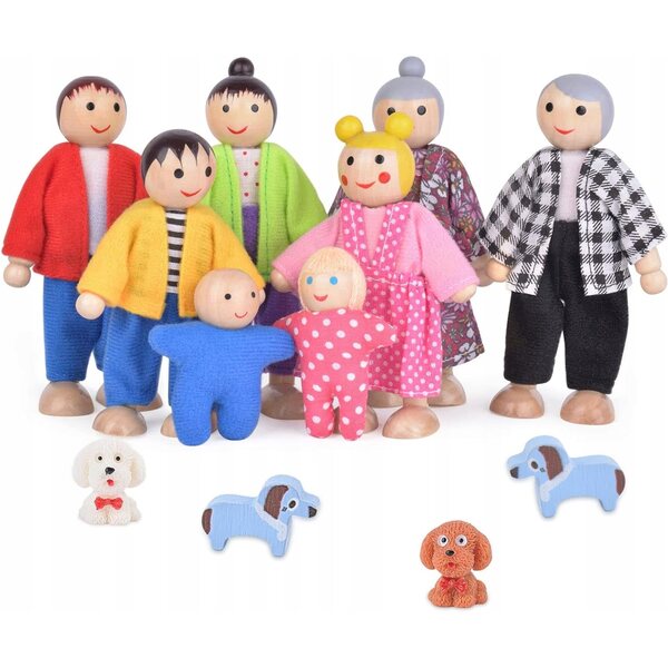 Familienset aus Aolso-Holzpuppen mit 8 Figuren und 4 Hunden für Kinder