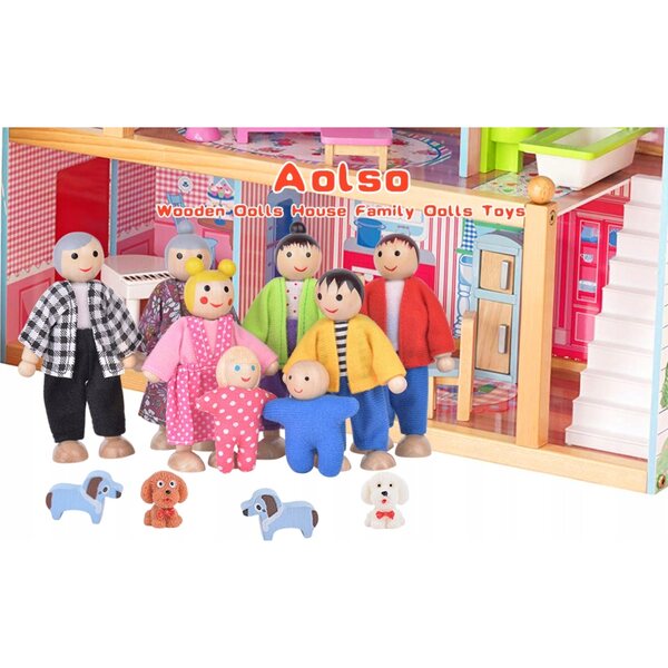 Familienset aus Aolso-Holzpuppen mit 8 Figuren und 4 Hunden für Kinder