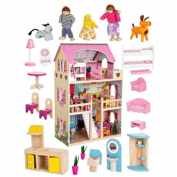 Casa per bambole in legno XXL 90 cm con LED, 3 bambole e 2 animali