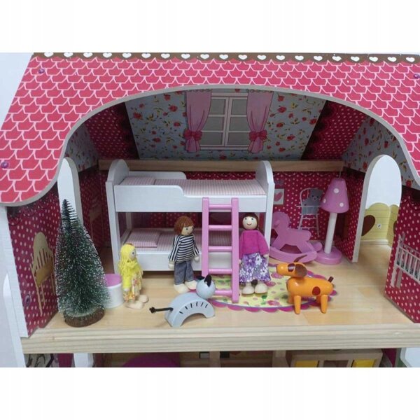 Casa per bambole in legno XXL 90 cm con LED, 3 bambole e 2 animali